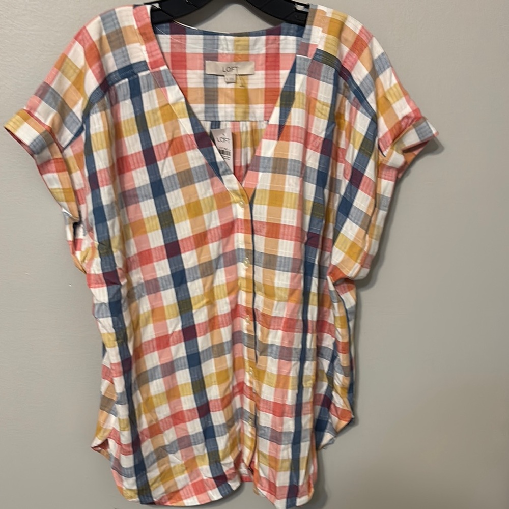 LOFT Plaid Short Sleeve Button-Front Blouse in Coral, Mustard, Blue, White